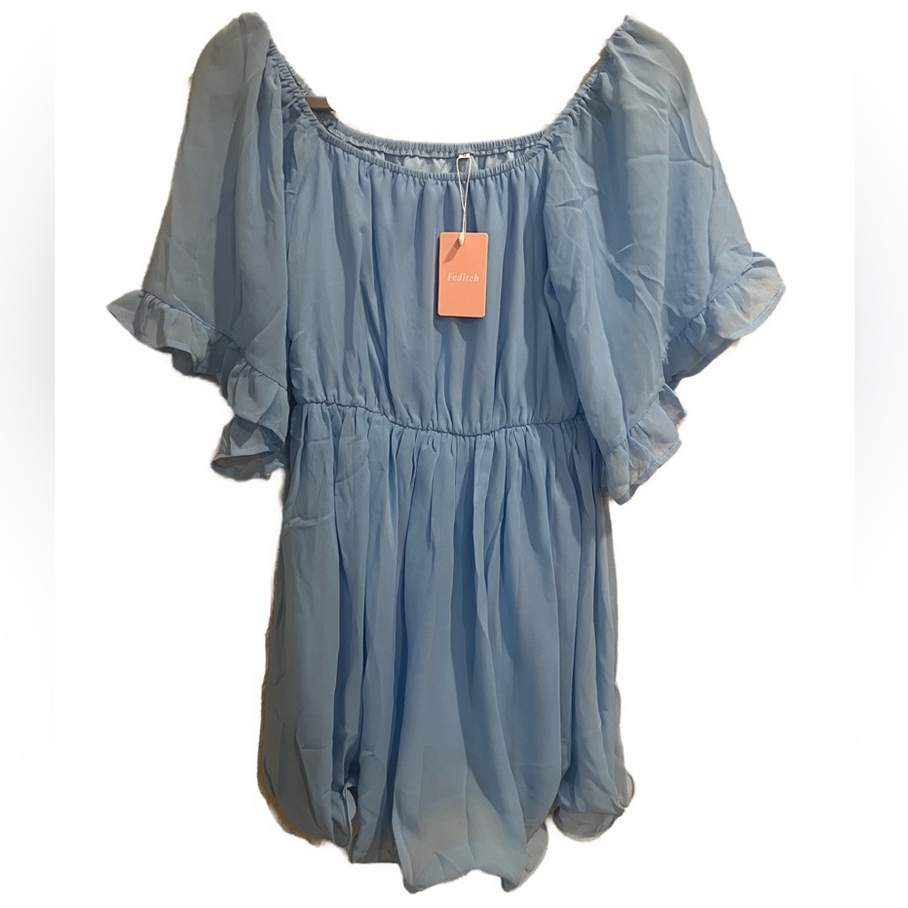 NWT— Feditch— Light Blue Chiffon Off-Shoulder Mini Dress, size SM - Picture 3 of 9